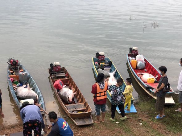 Photo 1: タイ国のダム湖におけるメコンオオナマズ漁の様子。毎年、体長2mを超えるメコンオオナマズが捕獲され、タイ国全土から注目を集める。